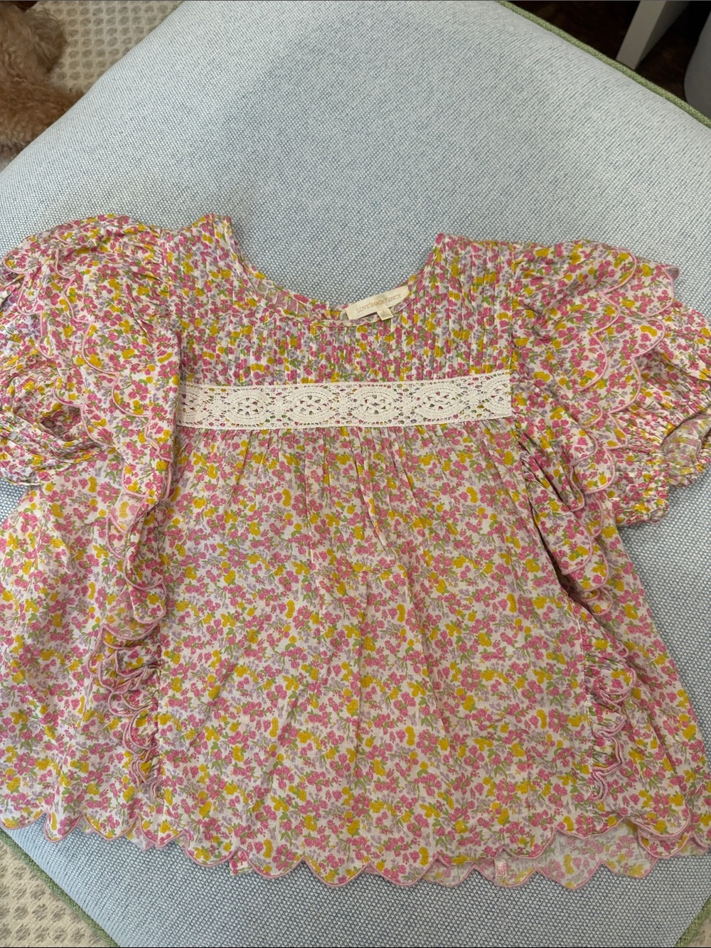 Love shack fancy Floral Lace Yoke Ruffle Top - Pink & Yellow
